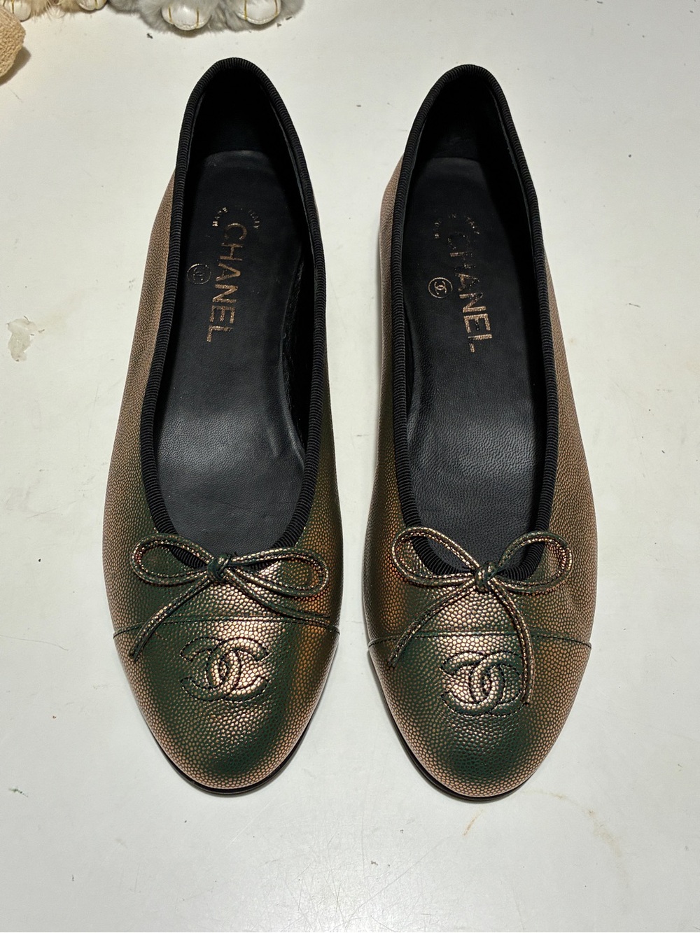 CHANEL Iridescent Green-Bronze CC Ballet Flats with Bow